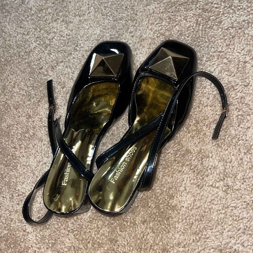 Black Patent Slingback Flats with Gold Accent